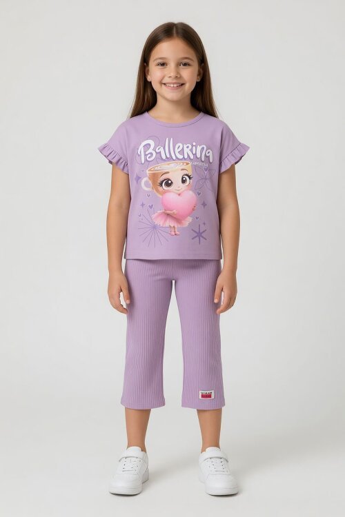 Lila Karakter Baskılı Tişörtlü Fitilli Pantolonlu Kız Çocuk 2li Takım 23830