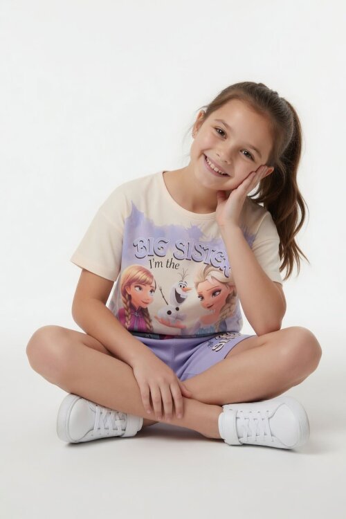 Lila Karlar Kraliçesi Baskılı Kız Çocuk Tişörtlü Şortlu Takım  23951