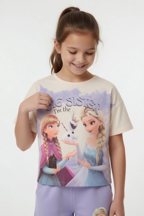 Lila Karlar Kraliçesi Baskılı Kız Çocuk Tişörtlü Şortlu Takım  23951