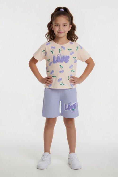 Lila Kiraz Desenli Love Yazılı Tişörtlü Kız Çocuk Şortlu Takım 23898