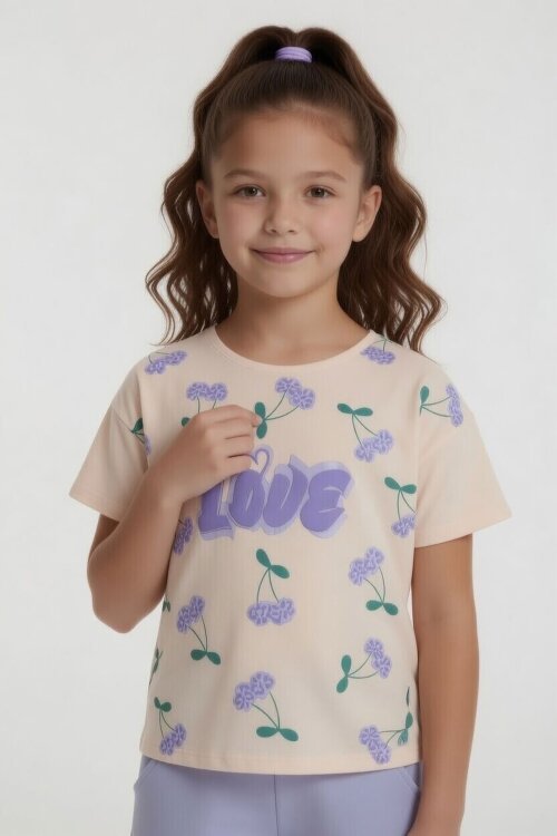 Lila Kiraz Desenli Love Yazılı Tişörtlü Kız Çocuk Şortlu Takım 23898