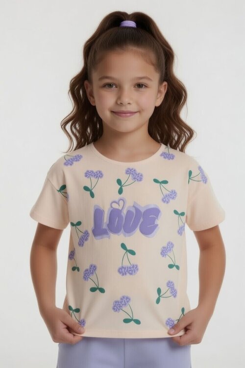 Lila Kiraz Desenli Love Yazılı Tişörtlü Kız Çocuk Şortlu Takım 23898