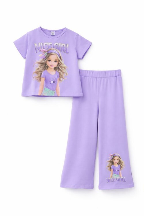 Lila Kız Karakter Baskılı Geniş Paça Pantolonlu 2li Kız Çocuk Takım 23802