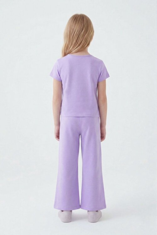 Lila Kız Karakter Baskılı Geniş Paça Pantolonlu 2li Kız Çocuk Takım 23802