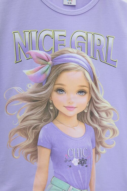 Lila Kız Karakter Baskılı Geniş Paça Pantolonlu 2li Kız Çocuk Takım 23802