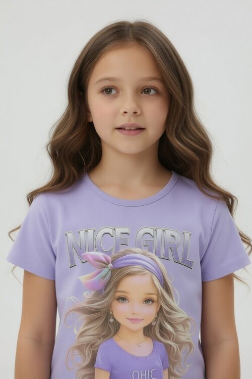 Lila Kız Karakter Baskılı Geniş Paça Pantolonlu 2li Kız Çocuk Takım 23802