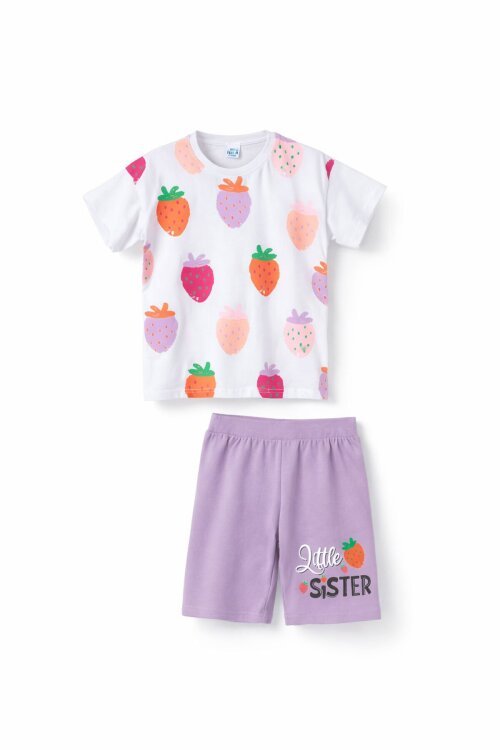 Lila Meyve Desenli Tişörtlü Kız Çocuk Şortlu Yazlık Takım 23828
