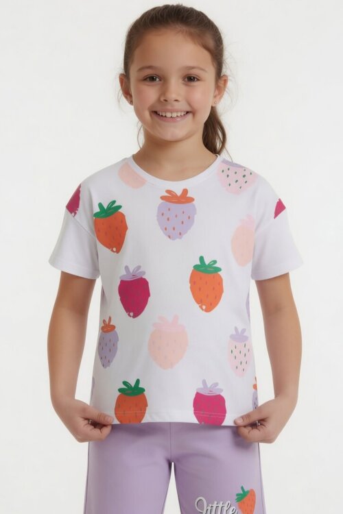 Lila Meyve Desenli Tişörtlü Kız Çocuk Şortlu Yazlık Takım 23828