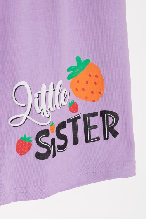 Lila Meyve Desenli Tişörtlü Kız Çocuk Şortlu Yazlık Takım 23828