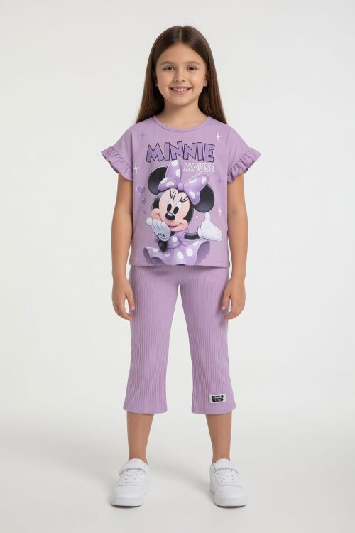 Lila Minnie Desenli Tişörtlü Fitilli Pantolonlu Kız Çocuk Alt Üst Takım 23834