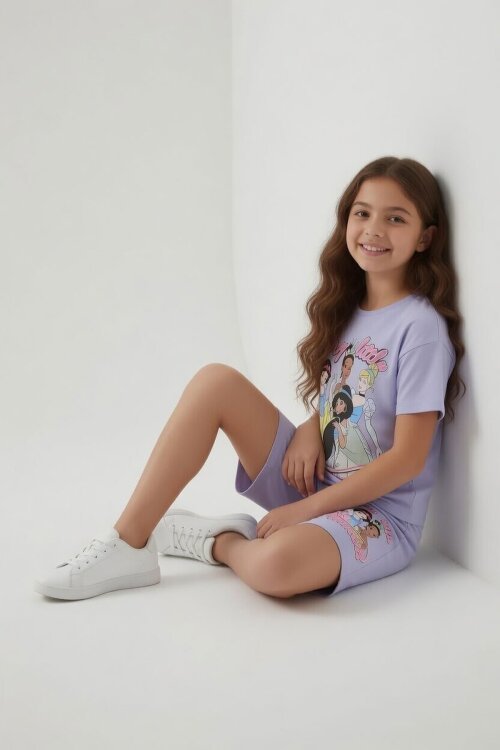 Lila Prenses Temalı Tişörtlü Kız Çocuk Yazlık Şortlu Takım 23865