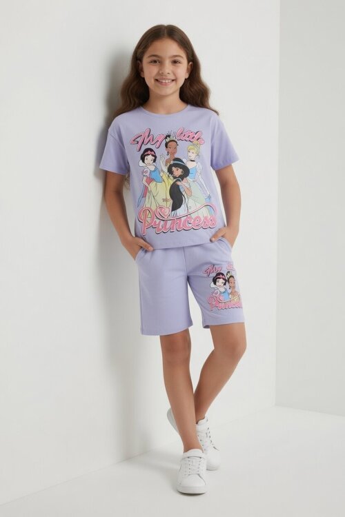 Lila Prenses Temalı Tişörtlü Kız Çocuk Yazlık Şortlu Takım 23865