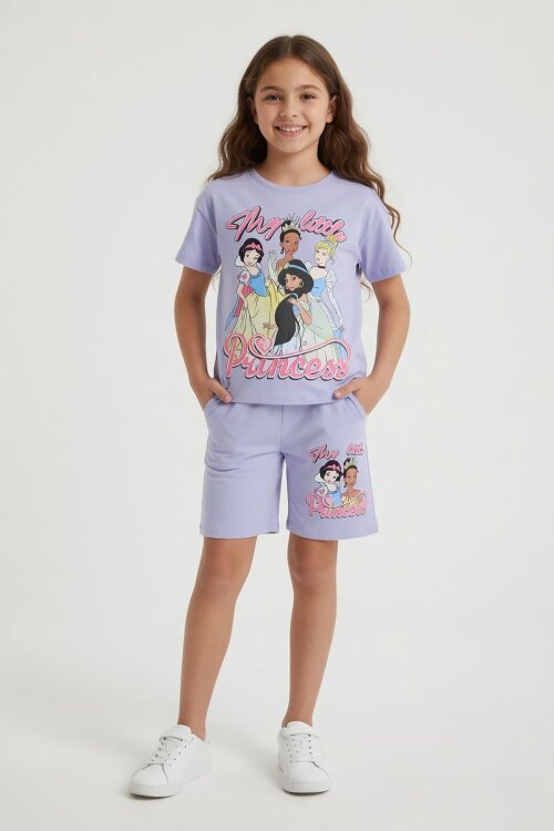 Lila Prenses Temalı Tişörtlü Kız Çocuk Yazlık Şortlu Takım 23865