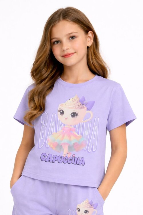Lila Sevimli Capuccina Baskılı Kız Çocuk Şortlu 2li Takım 23890