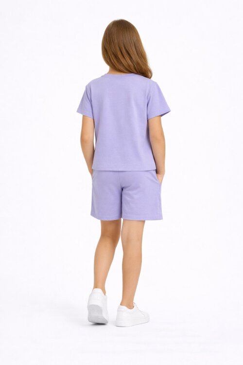 Lila Sevimli Capuccina Baskılı Kız Çocuk Şortlu 2li Takım 23890