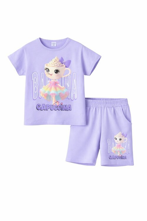 Lila Sevimli Capuccina Baskılı Kız Çocuk Şortlu 2li Takım 23890