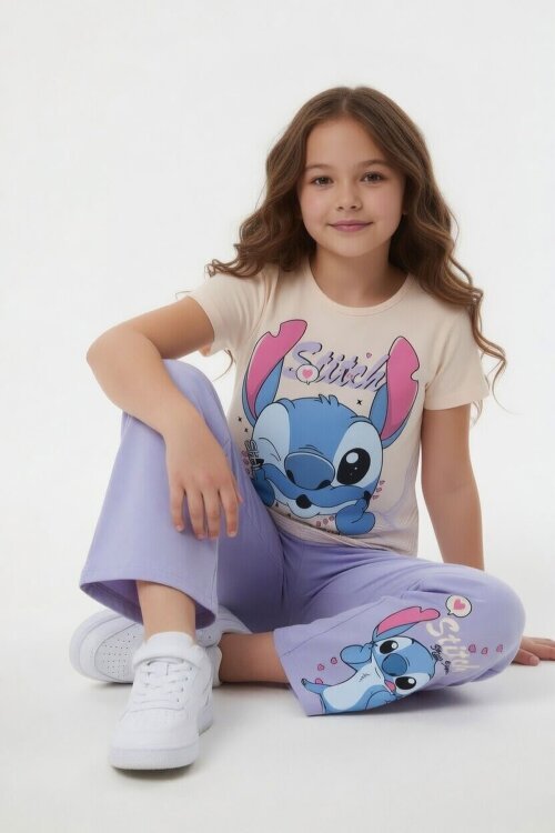 Lila Sevimli Çizgi Karakter Baskılı Tişörtlü Kız Çocuk Geniş Paça  Takım 23858