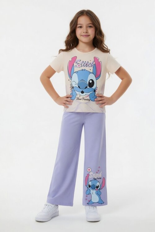 Lila Sevimli Çizgi Karakter Baskılı Tişörtlü Kız Çocuk Geniş Paça  Takım 23858
