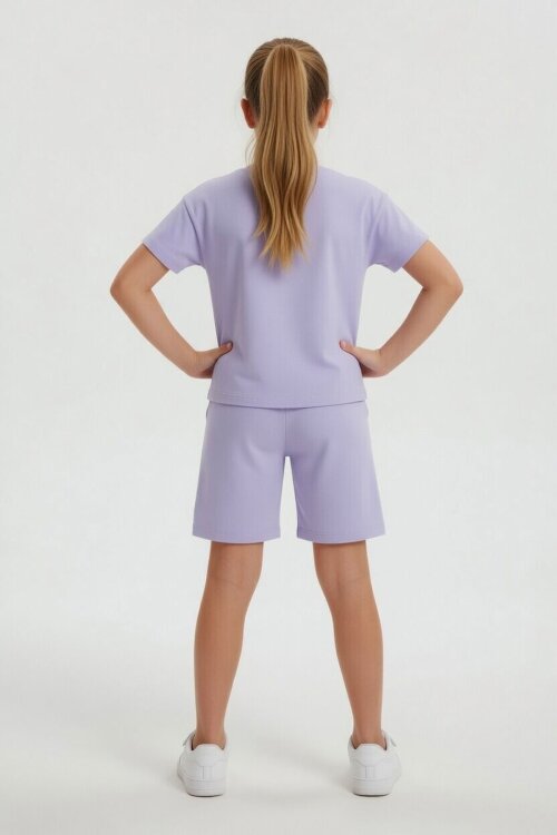 Lila Sevimli Tavşan Baskı Bisiklet Yaka Kız Çocuk Şortlu Takım 23946