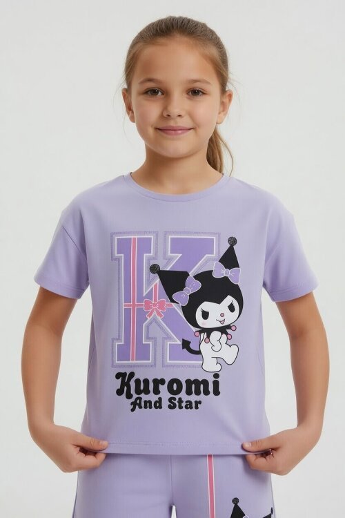 Lila Sevimli Tavşan Baskı Bisiklet Yaka Kız Çocuk Şortlu Takım 23946