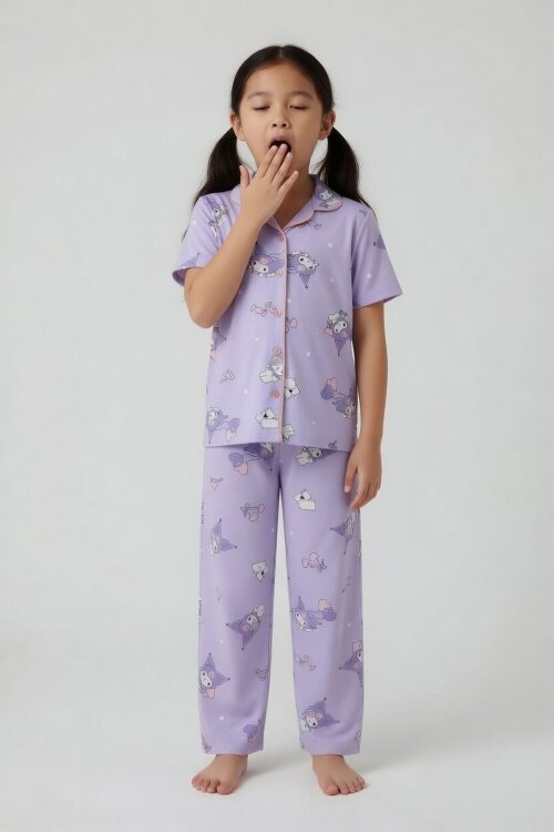 Lila Sevimli Tavşan Baskılı Kız Çocuk Göz Bantlı Kısa Kol Pijama Takımı 24013