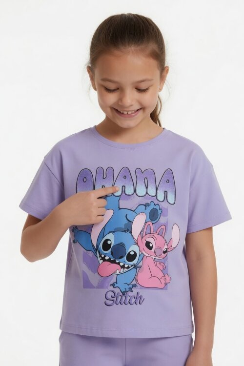 Lila Simli Karakter Baskılı Tişörtlü Kız Çocuk Şortlu 2li Takım 23918