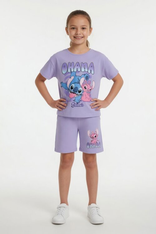 Lila Simli Karakter Baskılı Tişörtlü Kız Çocuk Şortlu 2li Takım 23918