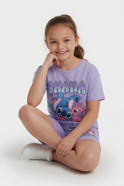 Lila Simli Karakter Baskılı Tişörtlü Kız Çocuk Şortlu 2li Takım 23918