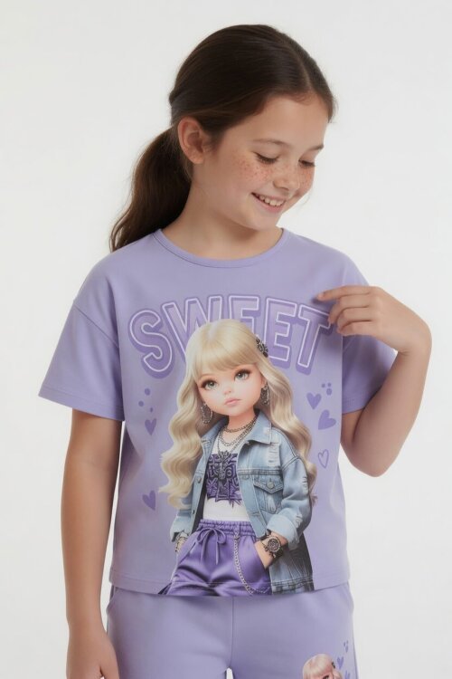 Lila Sweet Yazılı Karakter Baskılı Kız Çocuk Şortlu 2li Takım 23994