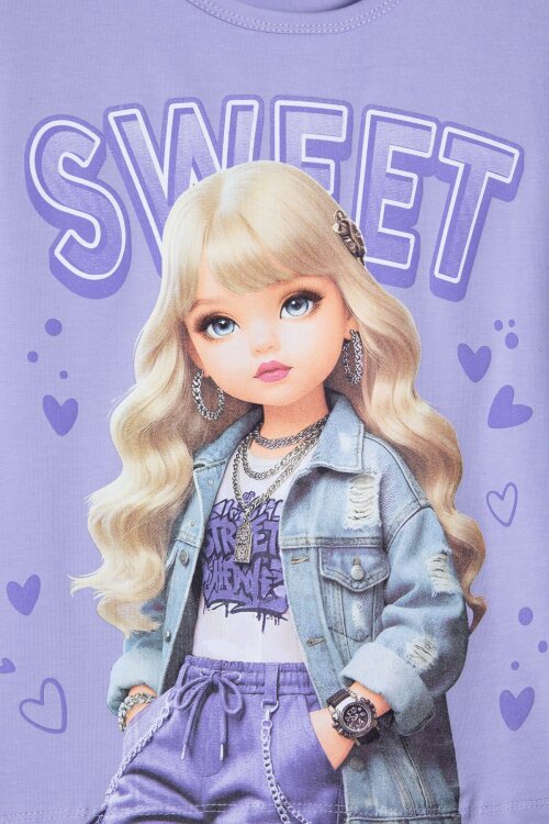 Lila Sweet Yazılı Karakter Baskılı Kız Çocuk Şortlu 2li Takım 23994