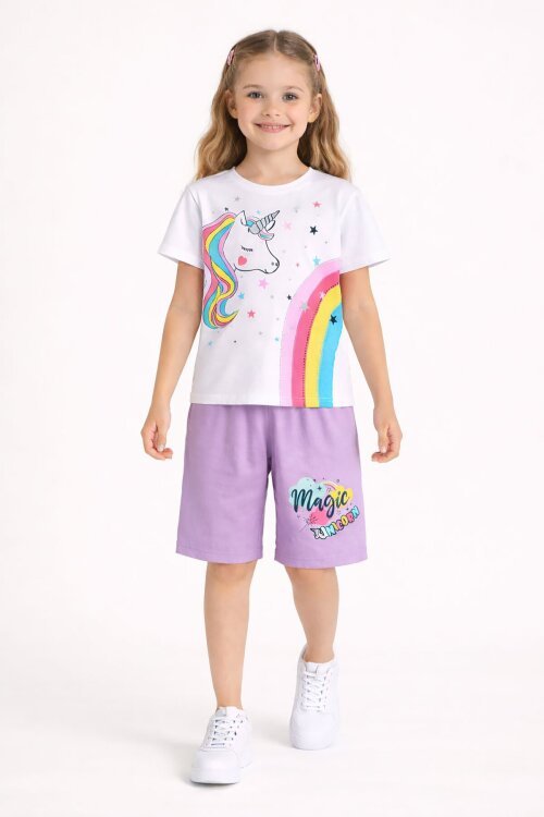 Lila Unicorn Baskılı Simli Kız Çocuk Tişörtlü Şortlu Takım 23795