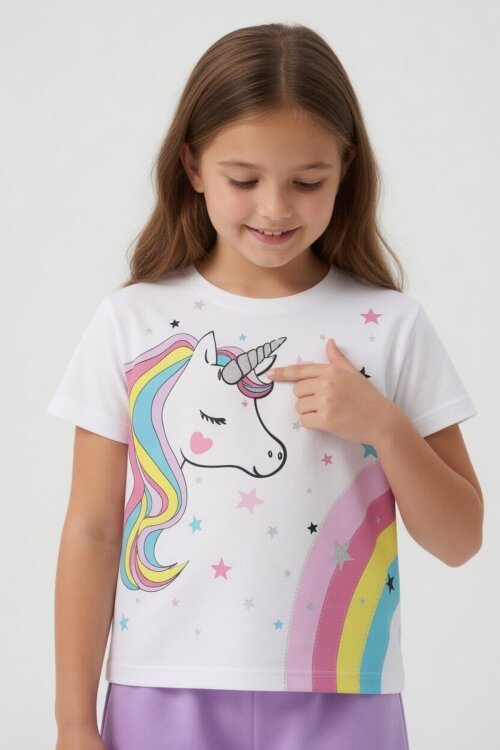 Lila Unicorn Baskılı Simli Kız Çocuk Tişörtlü Şortlu Takım 23795