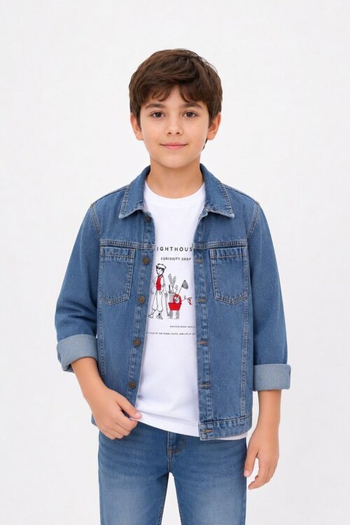 Mavi Baskılı Tişörtlü Erkek Çocuk Jean Gömlek Takımı  24162