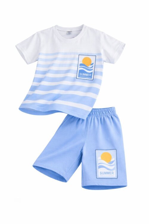 Mavi Çizgi Desenli Summer Baskı Erkek Çocuk Şortlu Tişörtlü Takım 23784