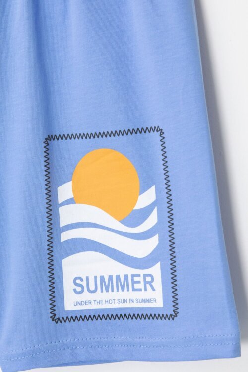 Mavi Çizgi Desenli Summer Baskı Erkek Çocuk Şortlu Tişörtlü Takım 23784