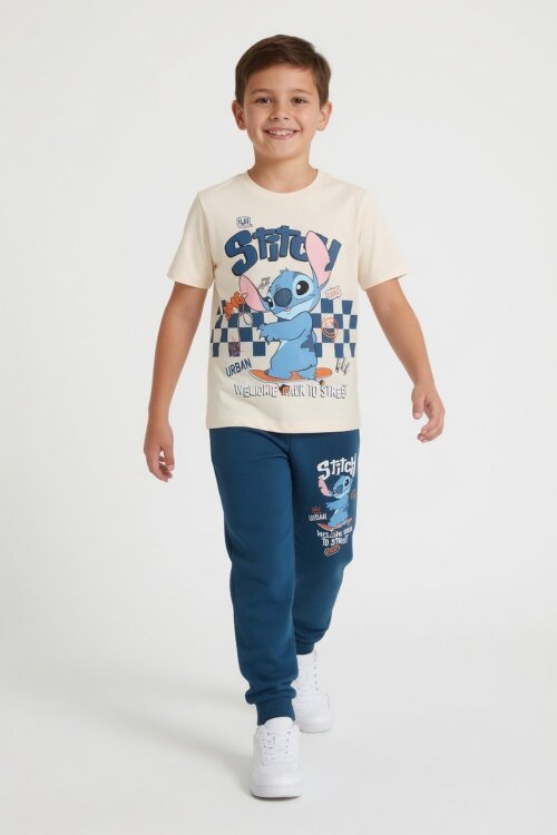 Mavi Çizgi Karakter Baskılı Tişörtlü Erkek Çocuk Eşofman Takımı 23873