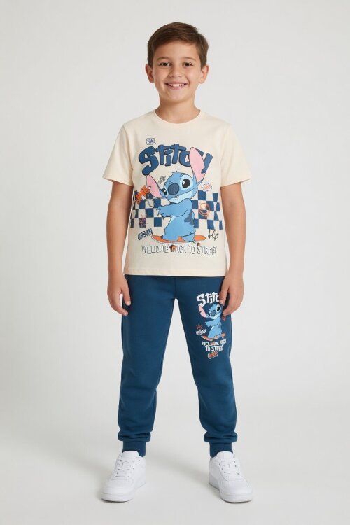 Mavi Çizgi Karakter Baskılı Tişörtlü Erkek Çocuk Eşofman Takımı 23873