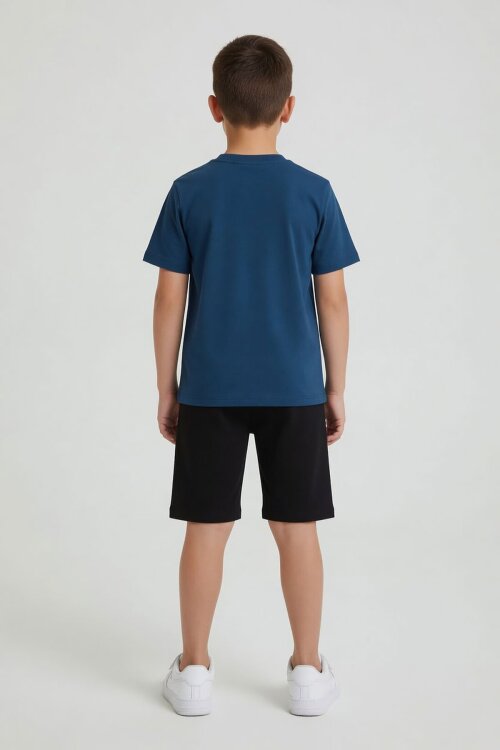 Mavi Dinozor Desenli Bisiklet Yaka Erkek Çocuk 2li Şortlu Takım 23924