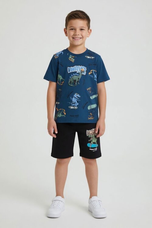 Mavi Dinozor Desenli Bisiklet Yaka Erkek Çocuk 2li Şortlu Takım 23924