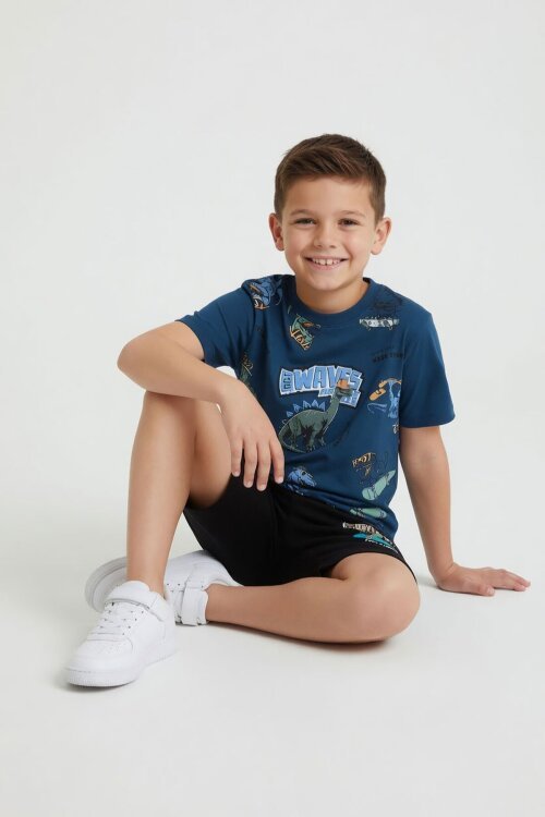 Mavi Dinozor Desenli Bisiklet Yaka Erkek Çocuk 2li Şortlu Takım 23924