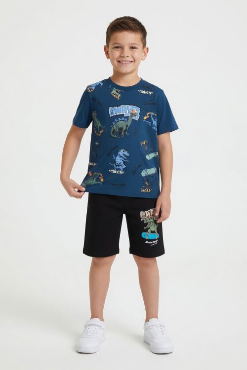 Mavi Dinozor Desenli Bisiklet Yaka Erkek Çocuk 2li Şortlu Takım 23924
