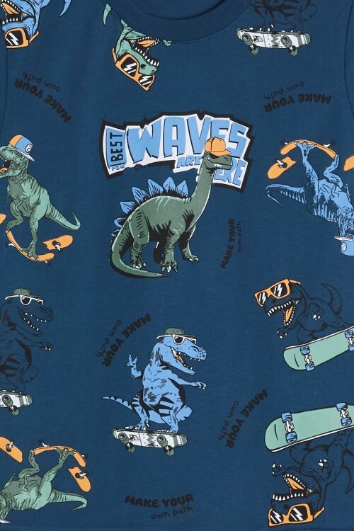 Mavi Dinozor Desenli Bisiklet Yaka Erkek Çocuk 2li Şortlu Takım 23924