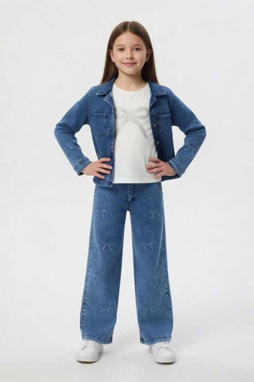 Mavi Fiyonk Desenli Jean Ceketli Pantolonlu Kız Çocuk Badili 3lü Takım 24131