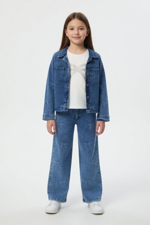 Mavi Fiyonk Desenli Jean Ceketli Pantolonlu Kız Çocuk Badili 3lü Takım 24131