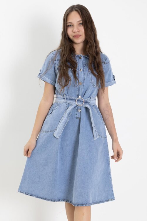 Mavi Gömlek Yaka Kısa Kollu Kız Çocuk Kuşaklı Kot Elbise 24020