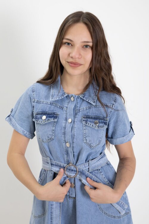 Mavi Gömlek Yaka Kısa Kollu Kız Çocuk Kuşaklı Kot Elbise 24020