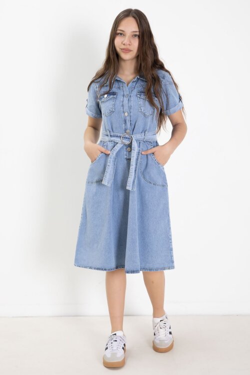 Mavi Gömlek Yaka Kısa Kollu Kız Çocuk Kuşaklı Kot Elbise 24020