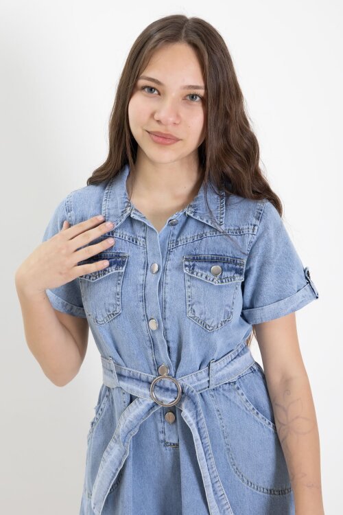 Mavi Gömlek Yaka Kısa Kollu Kız Çocuk Kuşaklı Kot Elbise 24020