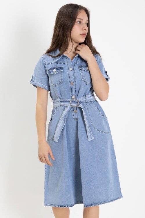 Mavi Gömlek Yaka Kısa Kollu Kız Çocuk Kuşaklı Kot Elbise 24020