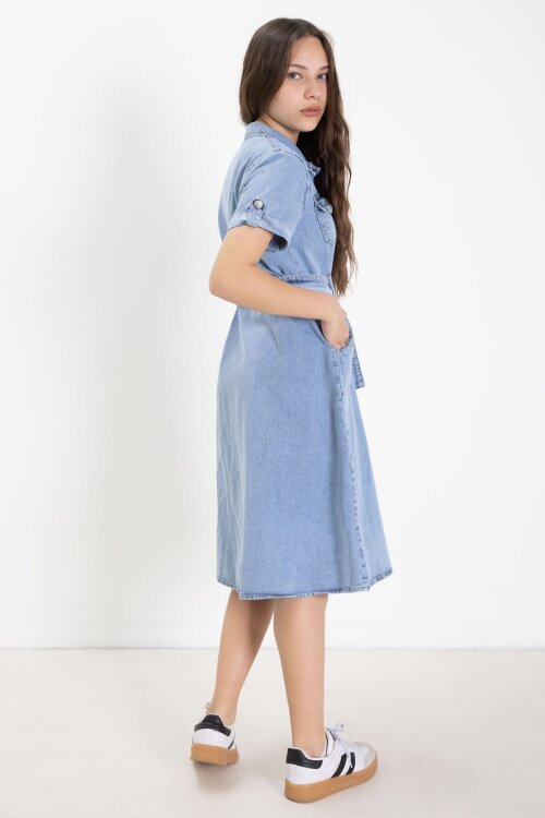 Mavi Gömlek Yaka Kısa Kollu Kız Çocuk Kuşaklı Kot Elbise 24020